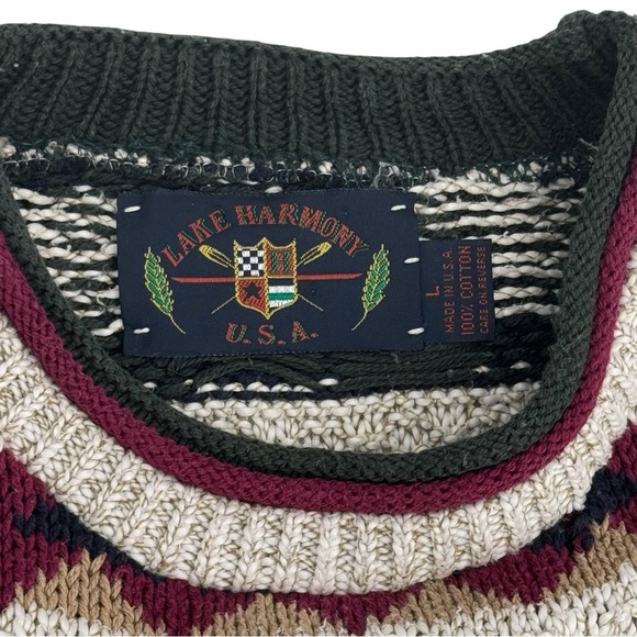 Vintage 90s Grandpa Sweater Crewneck Pullover Geometric Stripes 100% Cotton | L - Picture 9 of 10